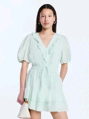 Free Assembly Women's Tiered Ruffle Mini Dress with Short Puff Sleeves